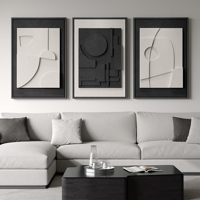 Large 3D Textured Framed Black and White Abstract Wall Art - Image 3