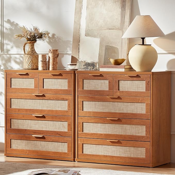 LEYAOYAO Rattan Dresser for Bedroom, 33.5" Small Chest of Drawers | Gold Metal - Image 2