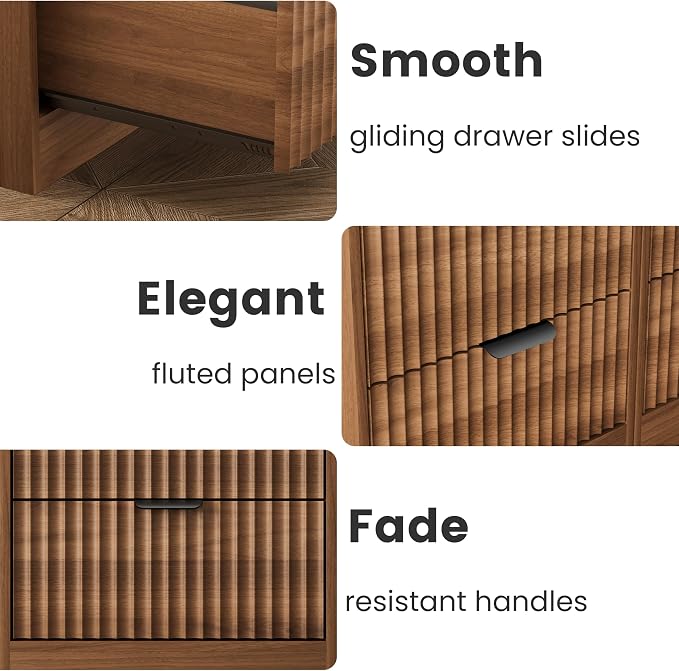 LED Nightstand with Charging Station, Fluted Nightstand Set of 2, Wood - Image 8