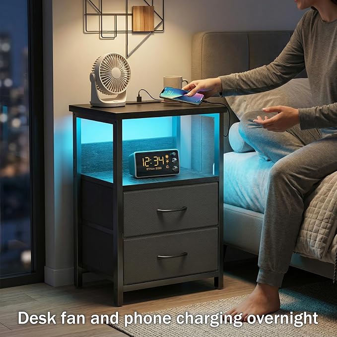 Fixwal Night Stand with Charging Station, 2 Drawers | fabric drawer, built-in - Image 4