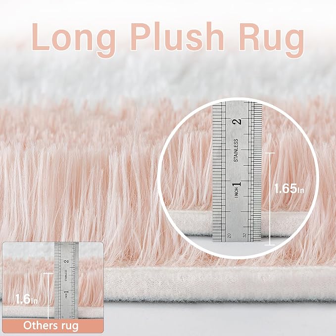 Pink Round Rug 6ft for Bedroom Soft Fluffy Checkered Shag Carpet | Machine - Image 6