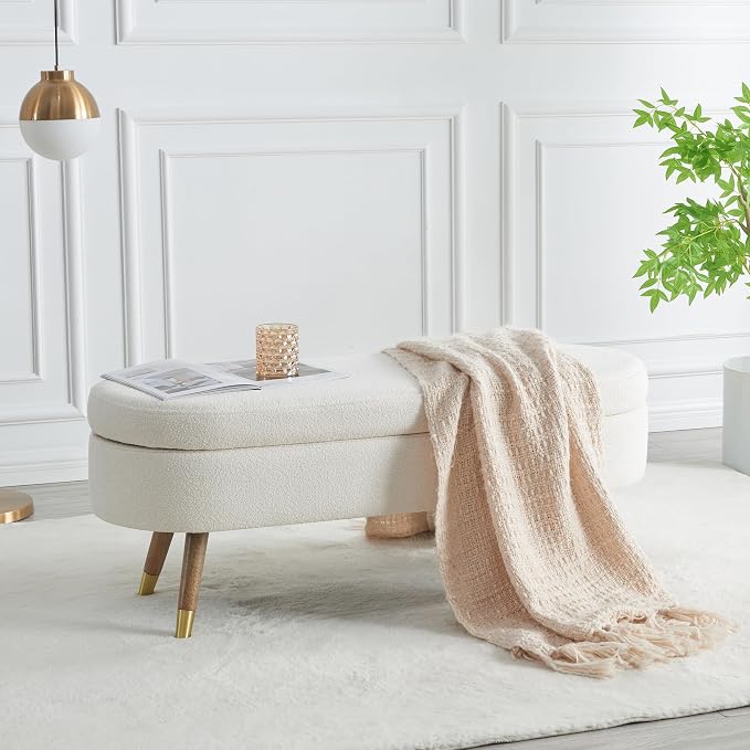IAFIKE Oval Storage Bench 43.5" Ottoman Bench Upholstered Boucle Fabric by ABrandwithtemperature
