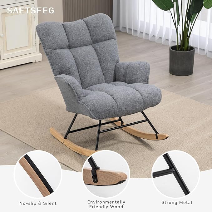 Rocking Chair Nursery Teddy Upholstered Glider Rocker Rocking Accent Chair Padded Seat with High Backrest Armchair Comfy Side Chair for Living Room Bedroom Offices (Darkgrey Teddy)