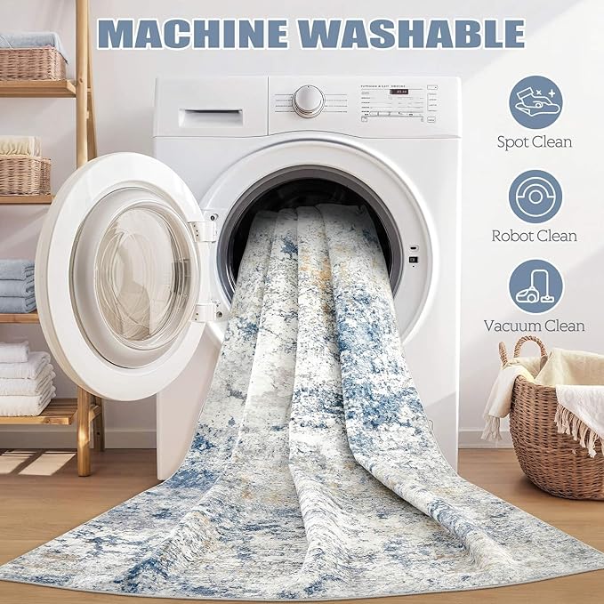 Area Rug Living Room Rugs - 10x13 Abstract Large Soft Indoor Washable Rug Neutral Modern Low Pile Carpet for Bedroom Dining Room Farmhouse Home Office - Blue