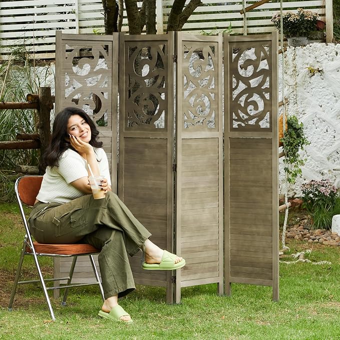 Room Divider Wood Carved Wall Divider Indoor Folding Portable Partition Screen - Image 8