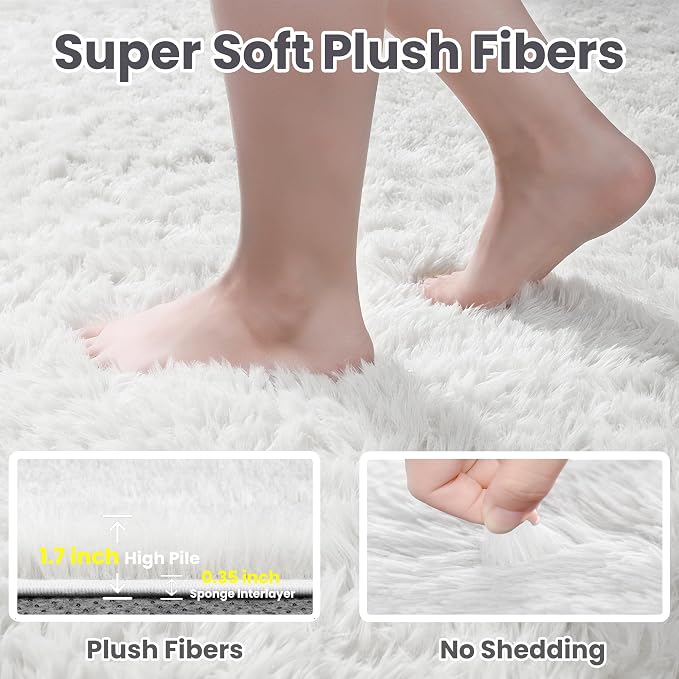 5x7 Fluffy Shag Area Rugs for Living Room Bedroom: Soft Plush Carpet White | - Image 8