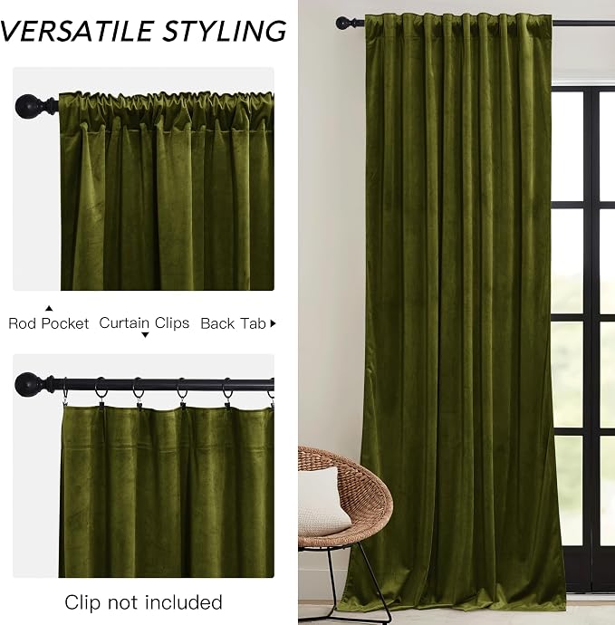RYB HOME Moss Green Velvet Curtains 84 inches - Image 3