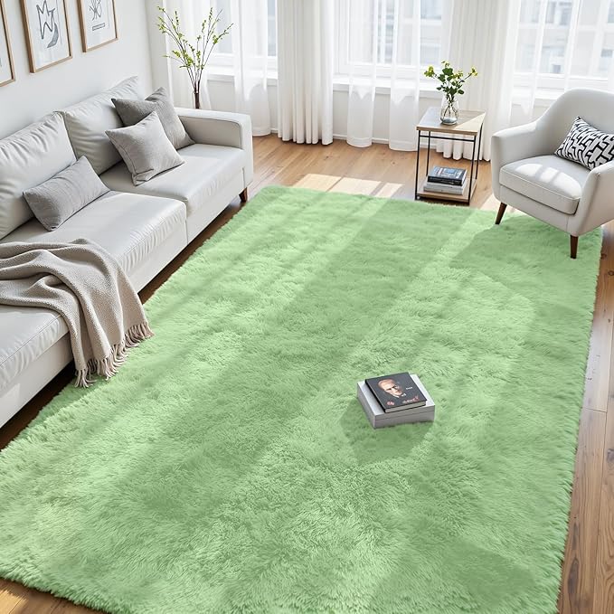 8x10 Fluffy Area Rug for Living Room: Non-Slip Light Green Bedroom Carpet | by Oriannal