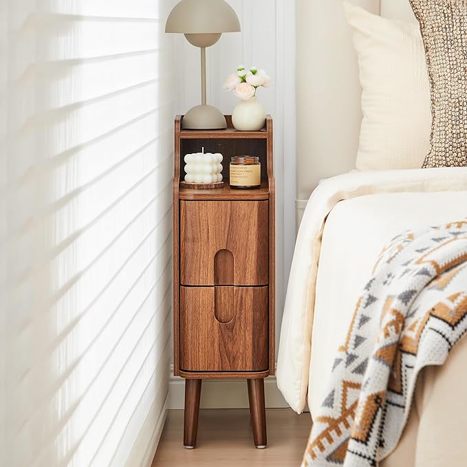 Narrow End Table Living Room, Wooden Small 2 Drawer Nightstand Bedroom by FurSchFurniture