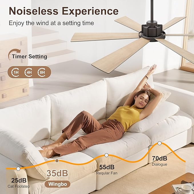 WINGBO 60 Inch Ceiling Fan without Light - 6 Plywood Blades, 6-Speed Reversible DC Motor, Noiseless Remote Control Ceiling Fan No Light for Bedroom Living Room Kitchen, Charcoal Gray and Wood/Black
