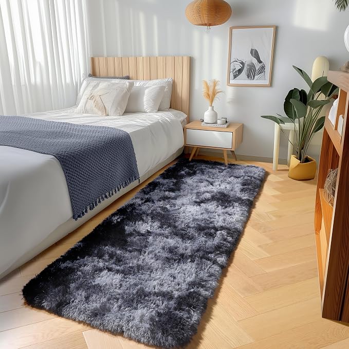 Runner Rugs for Bedroom Living Room, Fluffy Tie-Dyed Dark Grey 2x6 Bedside - Image 4