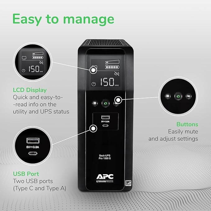 APC UPS 1500VA Sinewave UPS Battery Backup, BR1500MS2 Backup Battery Power Supply, AVR, 10 Outlets, (2) USB Charger Ports