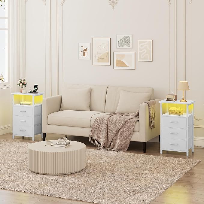 Night stand Set 2 with Charging Station, LED Nightstand - Image 2