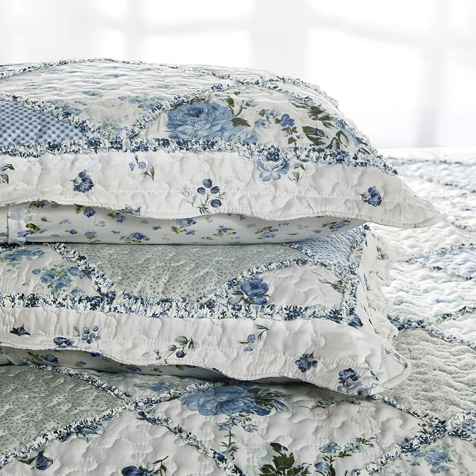 VIVILINEN Blue Floral Patchwork Quilt Set King Size Reversible Quilted Bedding - Image 6