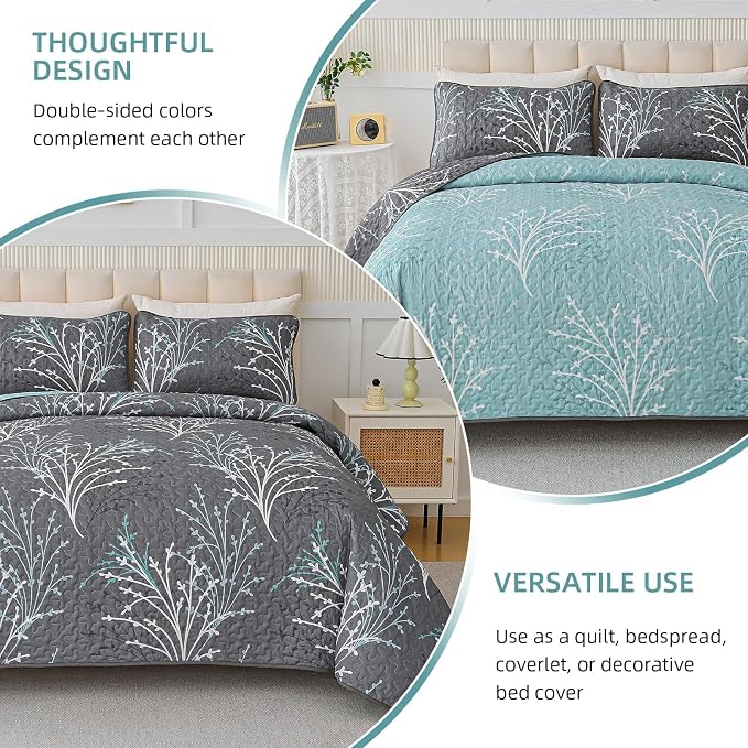 DJY Full Size Quilt Set Grey Blue Reversible Bedspread Bedding Set | 3 Piece - Image 7