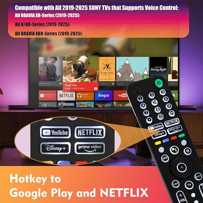 Universal Backlit Remote for Sony TV, for All 2019-2025 Sony Remote Control for Smart TV with Voice Control, Replacement Remote for Bravia XR/XBR/KD Series Google TVs, Backlight, 1 Year Full Warranty