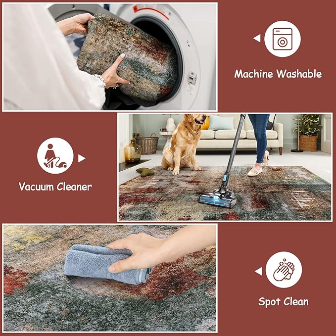 Lahome Modern Abstract Area Rug - 3x5 Washable Bedroom Rug Soft Throw Entry Mat Non-Slip, Contemporary Faux Wool Stain Resistant Floor Carpet for Living Room Kitchen Chair Door,Red/Multi