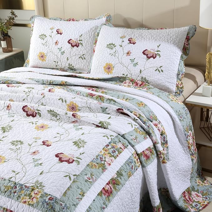 ROOMLIFE 100% Cotton Quilt Set King Elegant Floral Embroidery 3-Piece | - Image 3