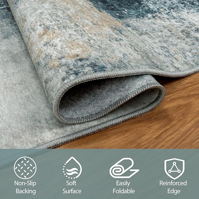 8x10 Area Rugs for Living Room Washable Bedroom Dining Room Teal Grey Gold | - Image 4