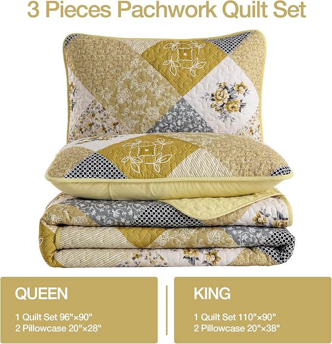 Dinjoy Boho King Quilt Set, 3-Piece Reversible Soft Plaid Floral Bedding Set - Image 6