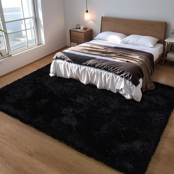 KICHOWUA Black Fluffy 9x12 Area Rug Bedroom Living Room Soft Washable Shag | - Image 6