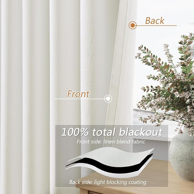 Ivory 100% Blackout Linen Curtains 108 Inch Length 2 Panels Set - Image 4