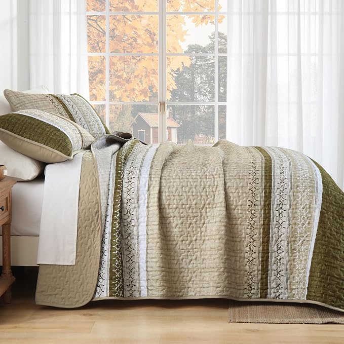Cottolester Brown Quilt Set Queen, Soft Fall Striped Texture Bedspread 3 Pcs | - Image 3