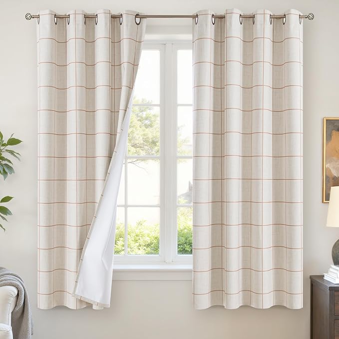 Plaid Blackout Curtains for Bedroom, 52x63 Inch 2 Panels, Terracotta | Boho by Lajode