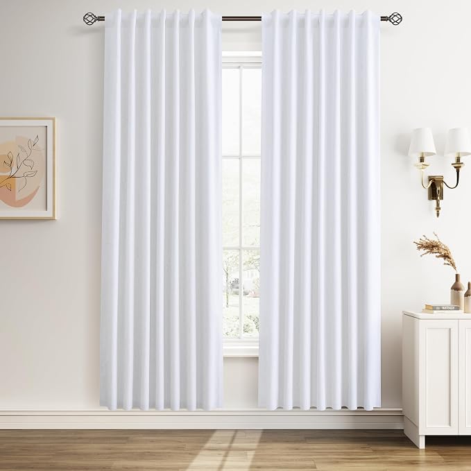 Beige White 100% Blackout Linen Curtains 80 Inches Long by Guken