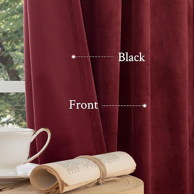 LAMIT Burgundy Red Velvet Curtains 84 Inch for Living Room, Vintage Thermal Insulated Panels Christmas Decor Room Darkening Back Tab and Rod Pocket Drapes for Bedroom/Theater, 2 Panels, 52 x 84 Inch