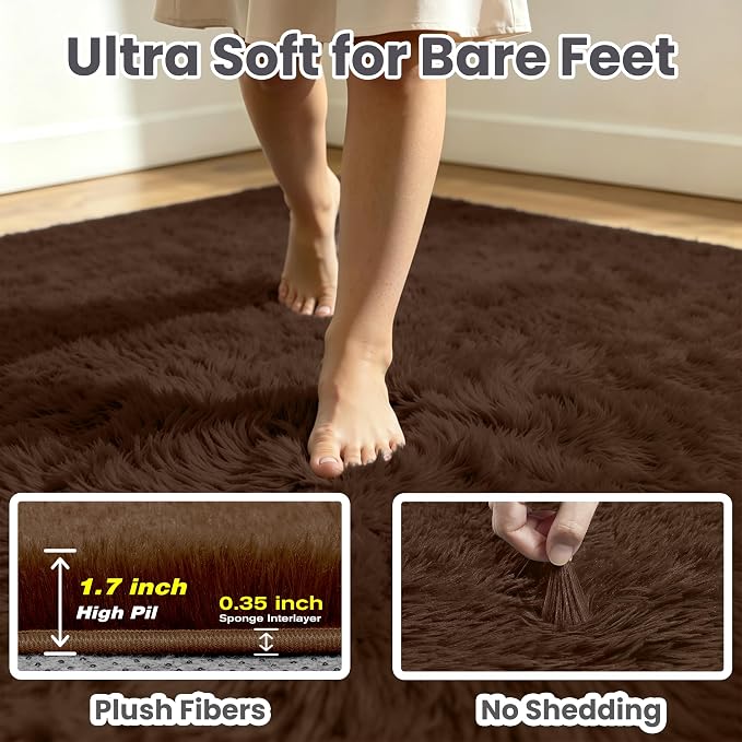9x12 Fluffy Area Rug for Living Room: Soft Non-Slip Brown Bedroom Carpet | - Image 7