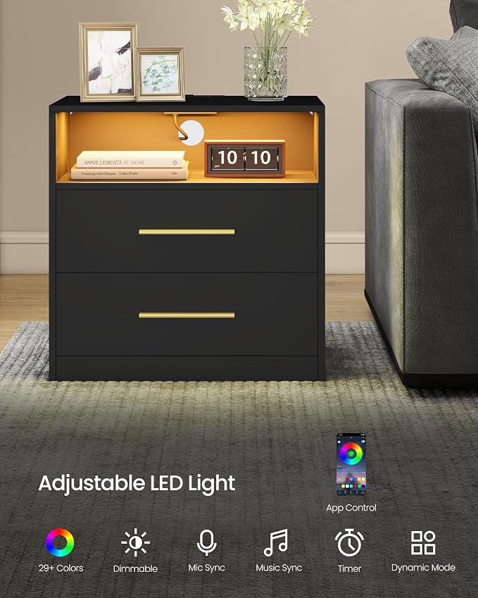 VASAGLE 23.6‑Inch Wide Nightstands, LED Lights, 2 Drawers | Modern Side End - Image 5