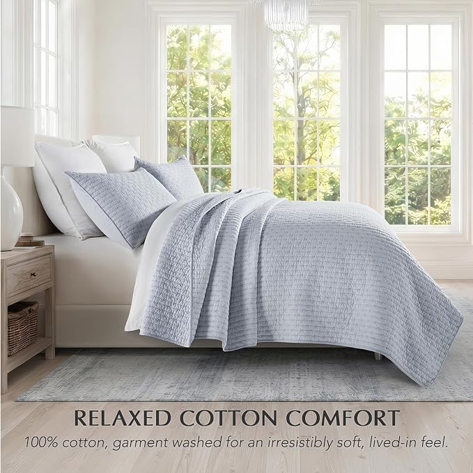 100% Cotton Cross Stitch 3-Piece Quilt Set, Powder Blue | 100% Cotton, Elegant - Image 2