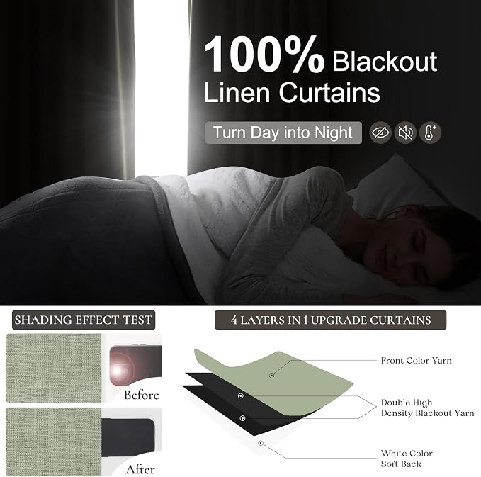 Sage Green Blackout Linen Curtains 102 Inches Long - Image 2