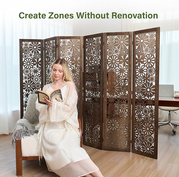 Folding Wood Room Divider Panel, 5.6 FT Tall Daisy-Carved Privacy Screen - Image 5