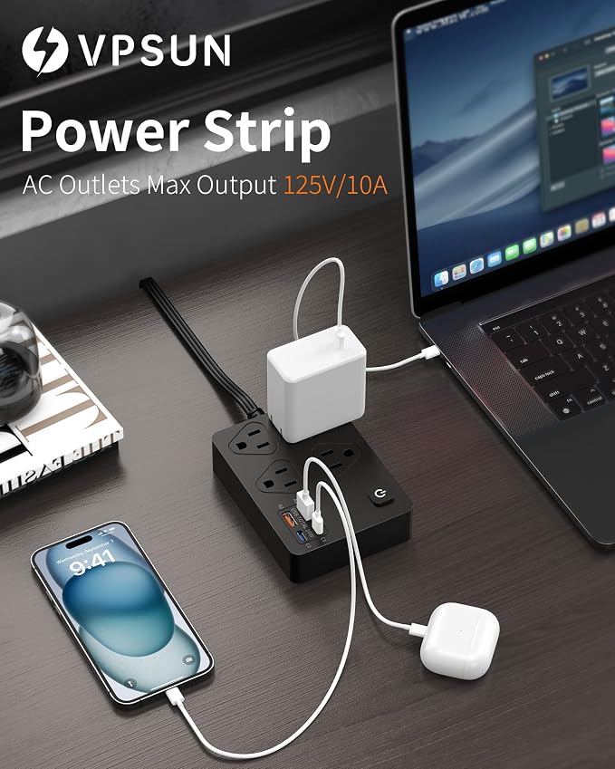Power Strip Flat Plug with 4 AC Outlets 4 USB Ports, Surge Protector Charging - Image 2