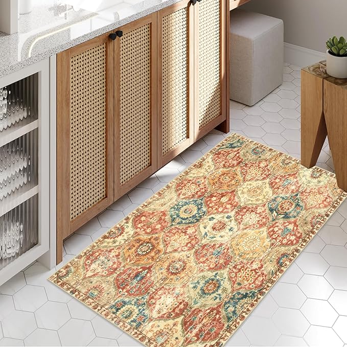 Lahome Kitchen Rugs Non Slip Washable Rugs for Entryway, 2x4 Rug Non-Slip Moroccan Trellis Ultra-Thin Indoor Door Mat Small Carpet for Bathroom Bedroom Entry, Red/Orange