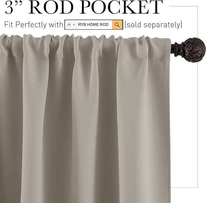 RYB HOME Blackout French Door Window Curtain Coverings, Rod Pocket | Thermal - Image 2
