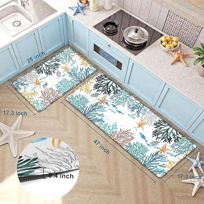 Kitchen Mats for Floor Cushioned Anti Fatigue Sets of 2 Coastal Kitchen Rugs Non Slip Waterproof Nautical Foam Kitchen Floor Rug Beach Theme Coral Fish Comfort Standing Mat for Sink Laundry, Teal