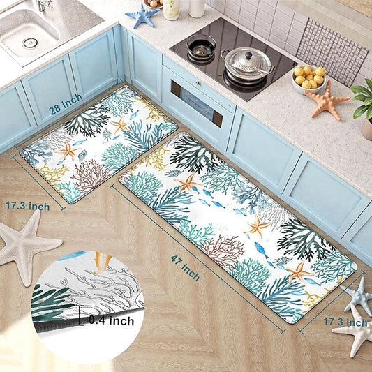 Kitchen Mats for Floor Cushioned Anti Fatigue Sets of 2 Coastal Kitchen Rugs Non Slip Waterproof Nautical Foam Kitchen Floor Rug Beach Theme Coral Fish Comfort Standing Mat for Sink Laundry, Teal