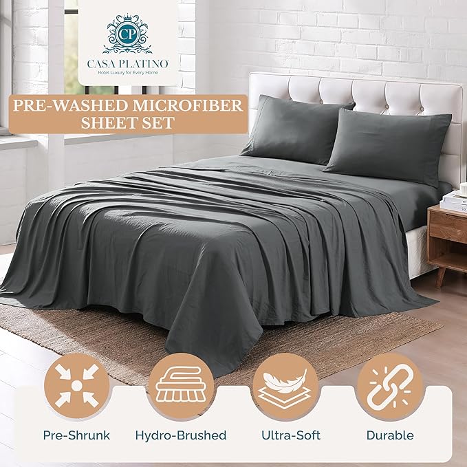 Casa Platino Charcoal California King Sheet Set, 4 Piece Set, Pre-Washed Ultra Soft Bed Sheets, Breathable and Cozy Microfiber Sheet Set with Deep Pockets – California King Bed Set