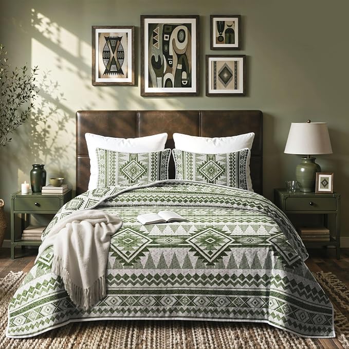 akkialla Reversible Green Boho King/Cal King Quilt Set, 2-Piece Bohemian Aztec by akkialla