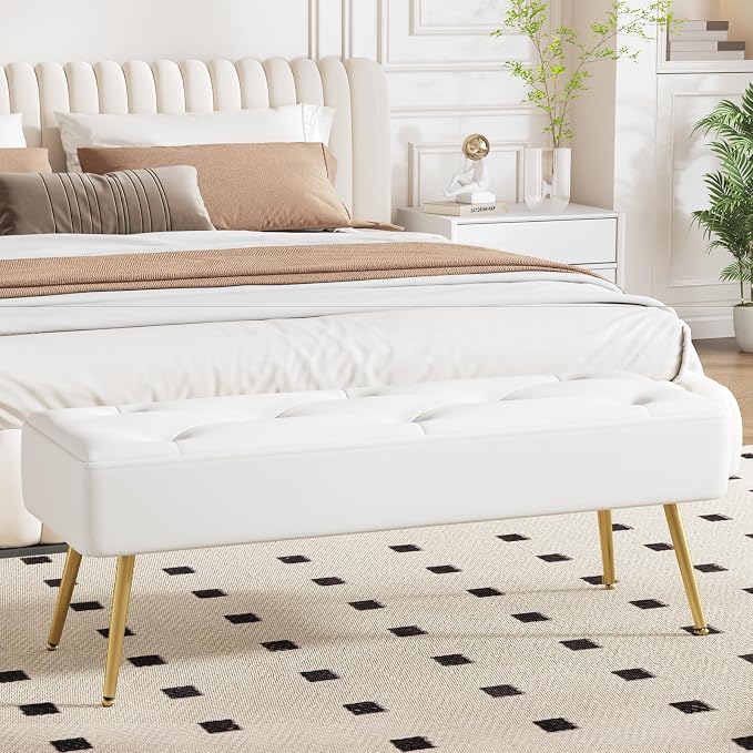 Modern PU Leather Benches, Upholstered Tufted Leather Bedroom Ottoman 44" - Image 3