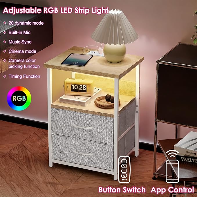 Fixwal Night Stand with Charging Station, Led Nightstand, 2 Fabric Drawers | - Image 3
