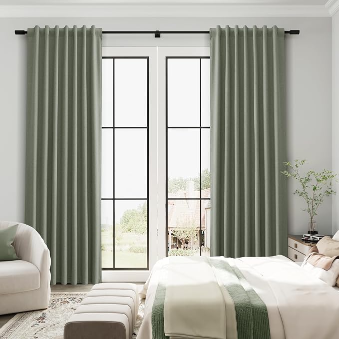 Sage Green 100% Blackout Linen Textured Curtains 80 Inches Long 2 Panels Set - Image 7