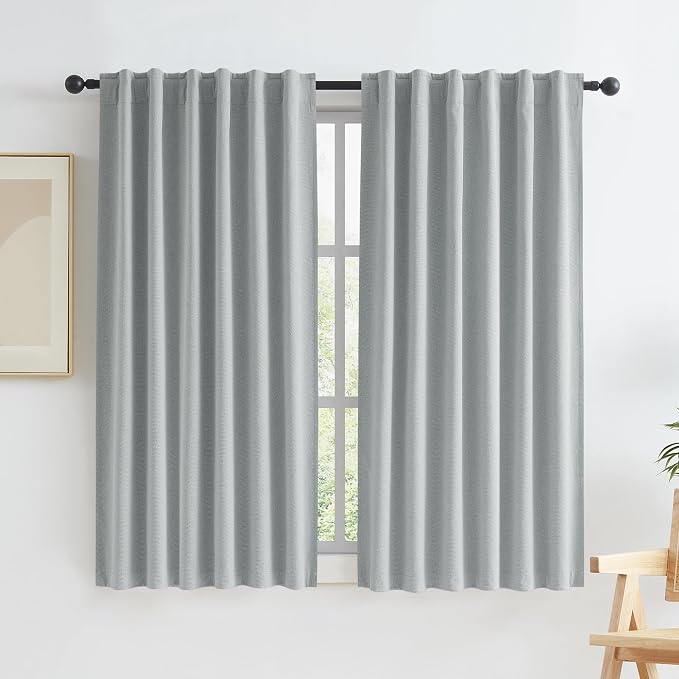 Linen Blackout Curtains 63 Inches Long, Back Tab Rod Pocket Hook Belt Boho by KEQIAOSUOCAI