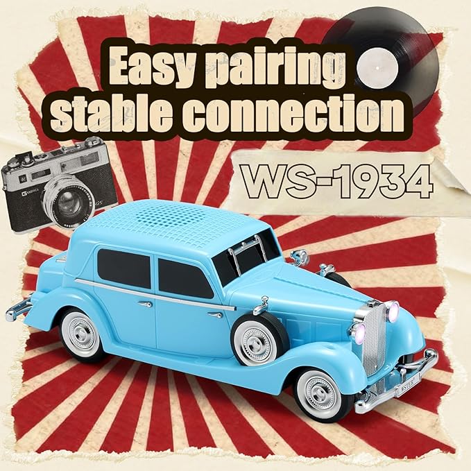 WSTER WS-1934 Retro Classic Car Bluetooth Replica Speaker – Wireless HD Sound with FM Radio,TWS Stereo,LED Party Lights,Built-in Microphone Hands-Free Call, Surprise Portable Gift for Party Use(Blue)