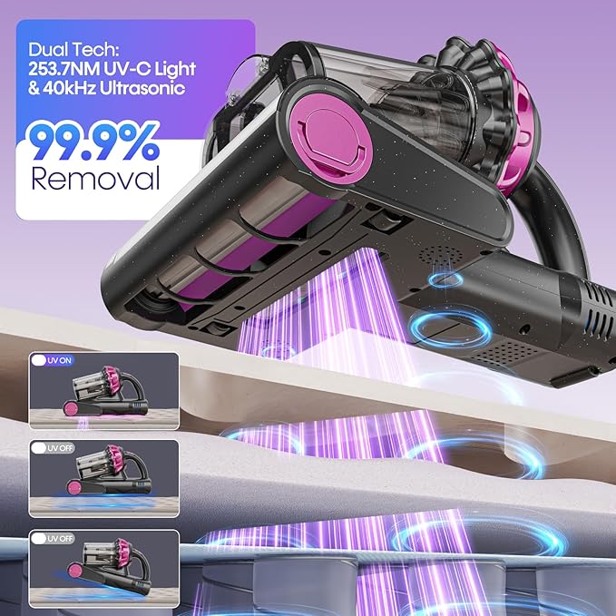 Flybroom Mattress Vacuum Cleaner 550W 18KPa Bed Vacuum Cleaner with Smart Dust Sensor, UV-C Light, 149°F Heat, HEPA Filter, Handheld for Bed Sofa Couch
