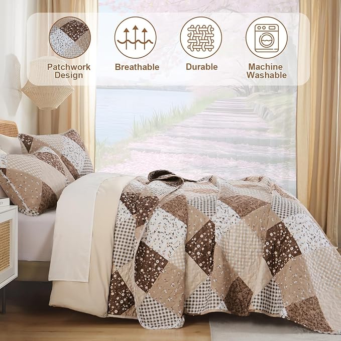 Dinjoy Brown Quilt Set Full Size, Reversible Patchwork Floral Bedspreads | Soft - Image 3