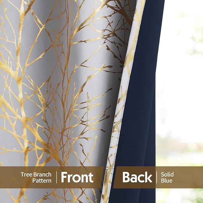 FMFUNCTEX 100% Blackout Grey Gold Foil Tree Curtains 96 Inch Long 2 Panels | - Image 6